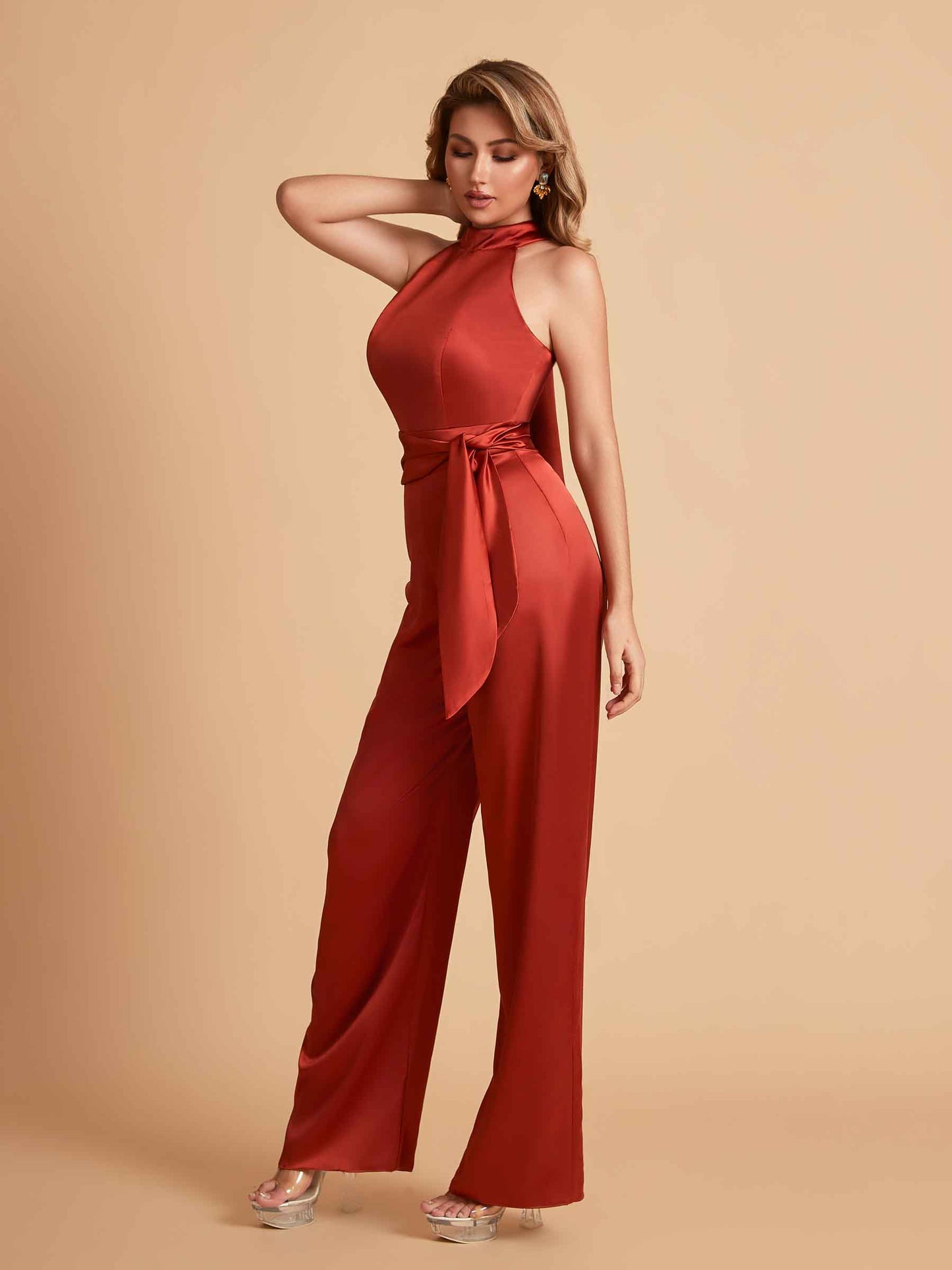 Elegant Satin Halter Sleeveless Satin Floor Length Bridesmaid Jumpsuit