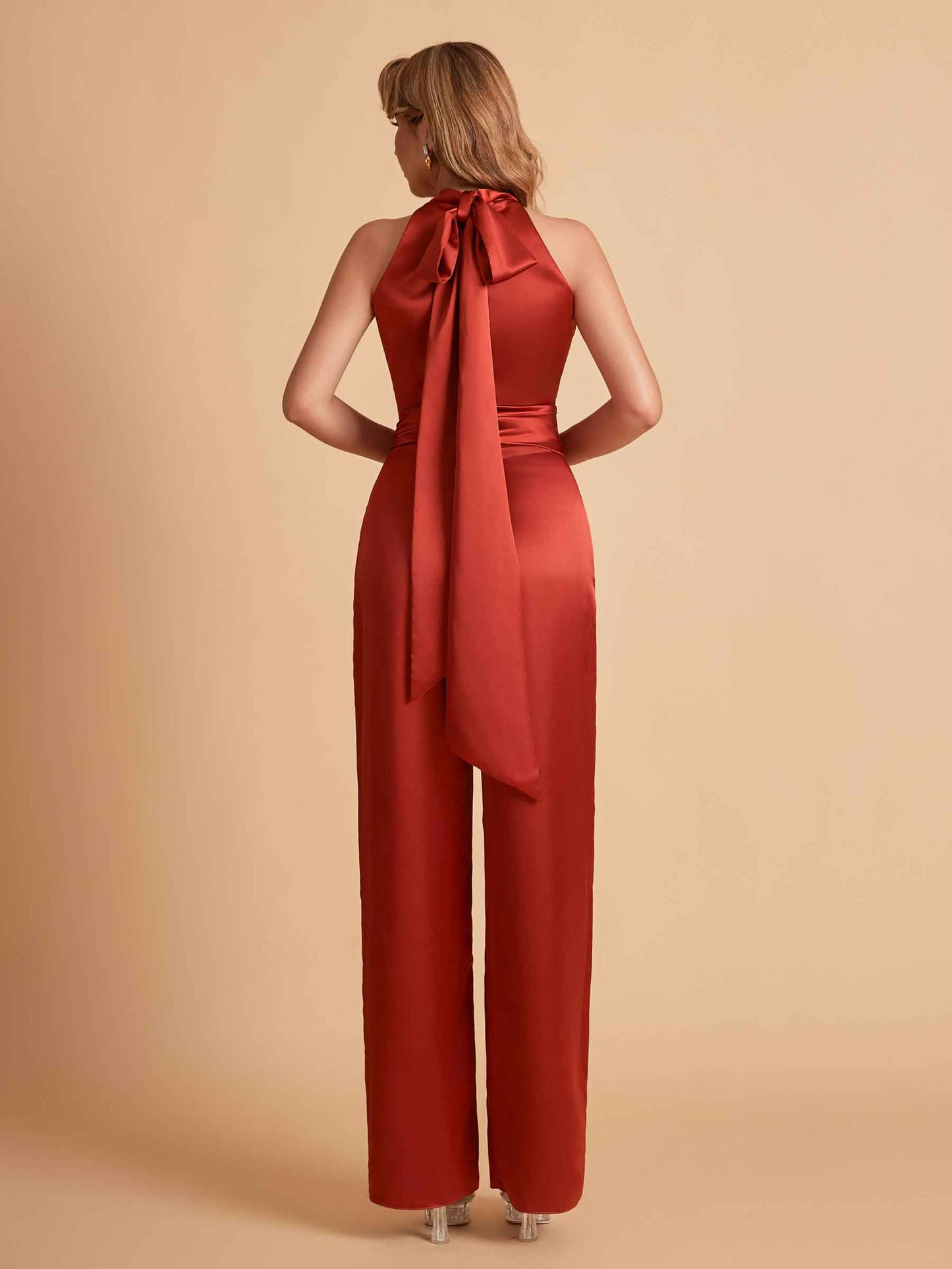 Elegant Satin Halter Sleeveless Satin Floor Length Bridesmaid Jumpsuit