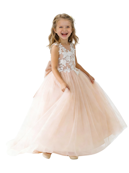 Lace Tulle Flower Girl Dress Floral Embroidery Open Back Bow Accent Cute Elegant Dress