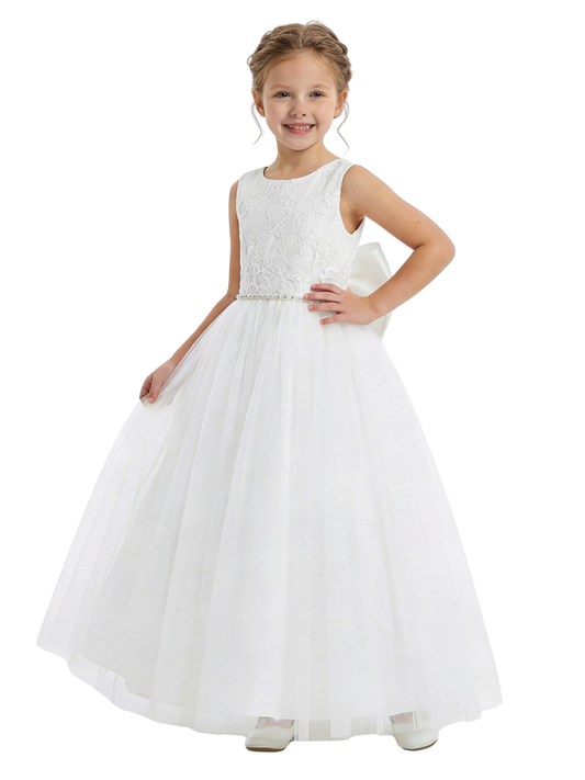 Round Neck A-Line Lace Tulle Sleeveless Back Bow Formal Gown Cute Flower Girl Dress