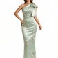 Elegant One Shoulder Mermaid Long Satin Floral Formal Dresses For Women With Back Slit