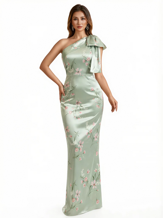Elegant One Shoulder Mermaid Long Satin Floral Formal Dresses For Women With Back Slit