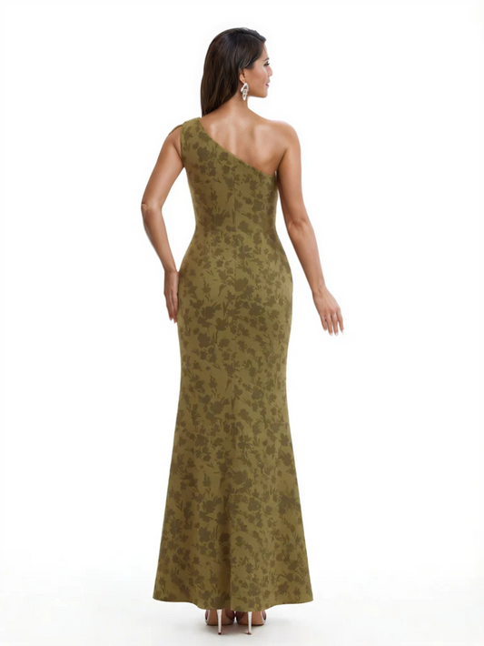 Simple One Shoulder Side Slit Mermaid Floral Satin Maxi Floral Formal Dresses For Women