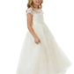Charming Flower Girl Gown Scoop Back Short Lace Sleeve A-Line Floor-Length Tulle Dress with Satin Bow Accent