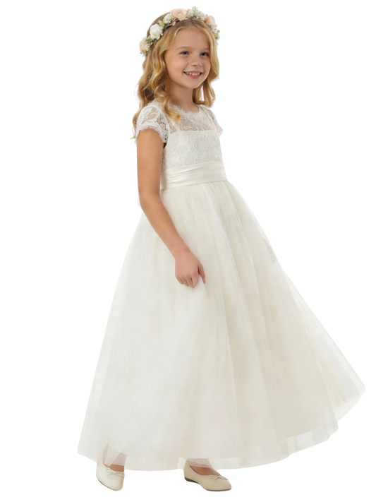 Charming Flower Girl Gown Scoop Back Short Lace Sleeve A-Line Floor-Length Tulle Dress with Satin Bow Accent