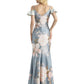 Beautiful Mermaid Cold Shoulder Floral Satin Maxi Floral Formal Dresses For Women