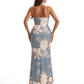 Simple Halter Side Slit Mermaid Floral Satin Maxi Floral Formal Dresses For Women