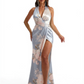 Simple Halter Side Slit Mermaid Floral Satin Maxi Floral Formal Dresses For Women