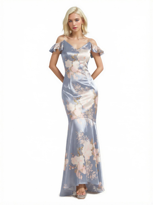 Beautiful Mermaid Cold Shoulder Floral Satin Maxi Floral Formal Dresses For Women