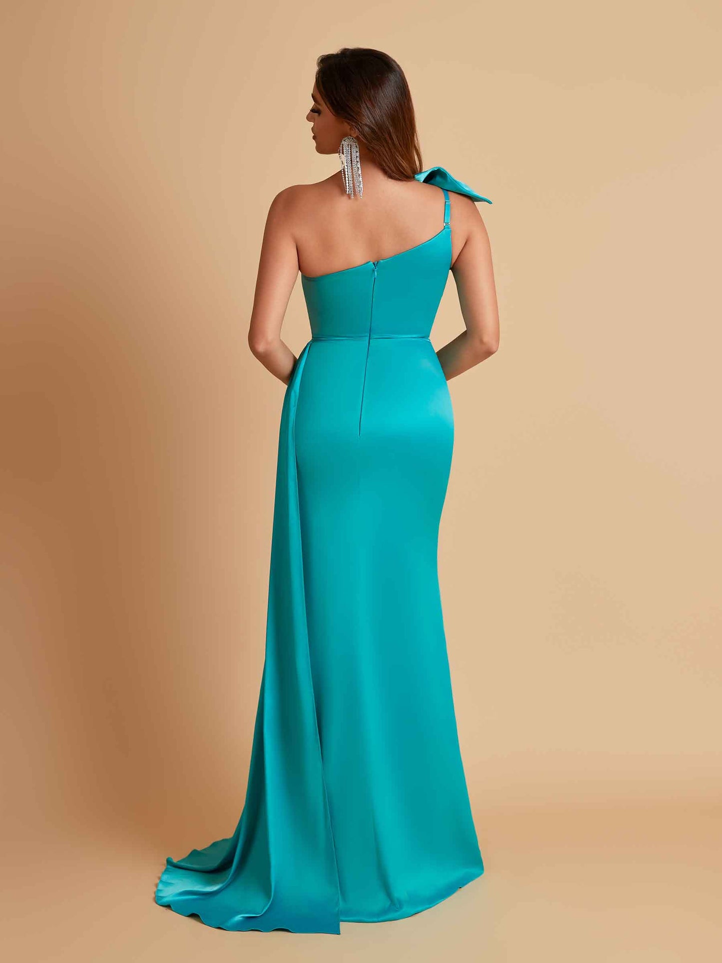 Gorgeous One Shoulder Bow Knot Soft Satin Side Slit Floor-Length Mermaid Bridesmaid Dresses