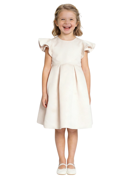 A-Line Round Neck Satin Flower Girl Dress Ruffle Short Sleeve Cute Elegant Flowery Dress for Kids