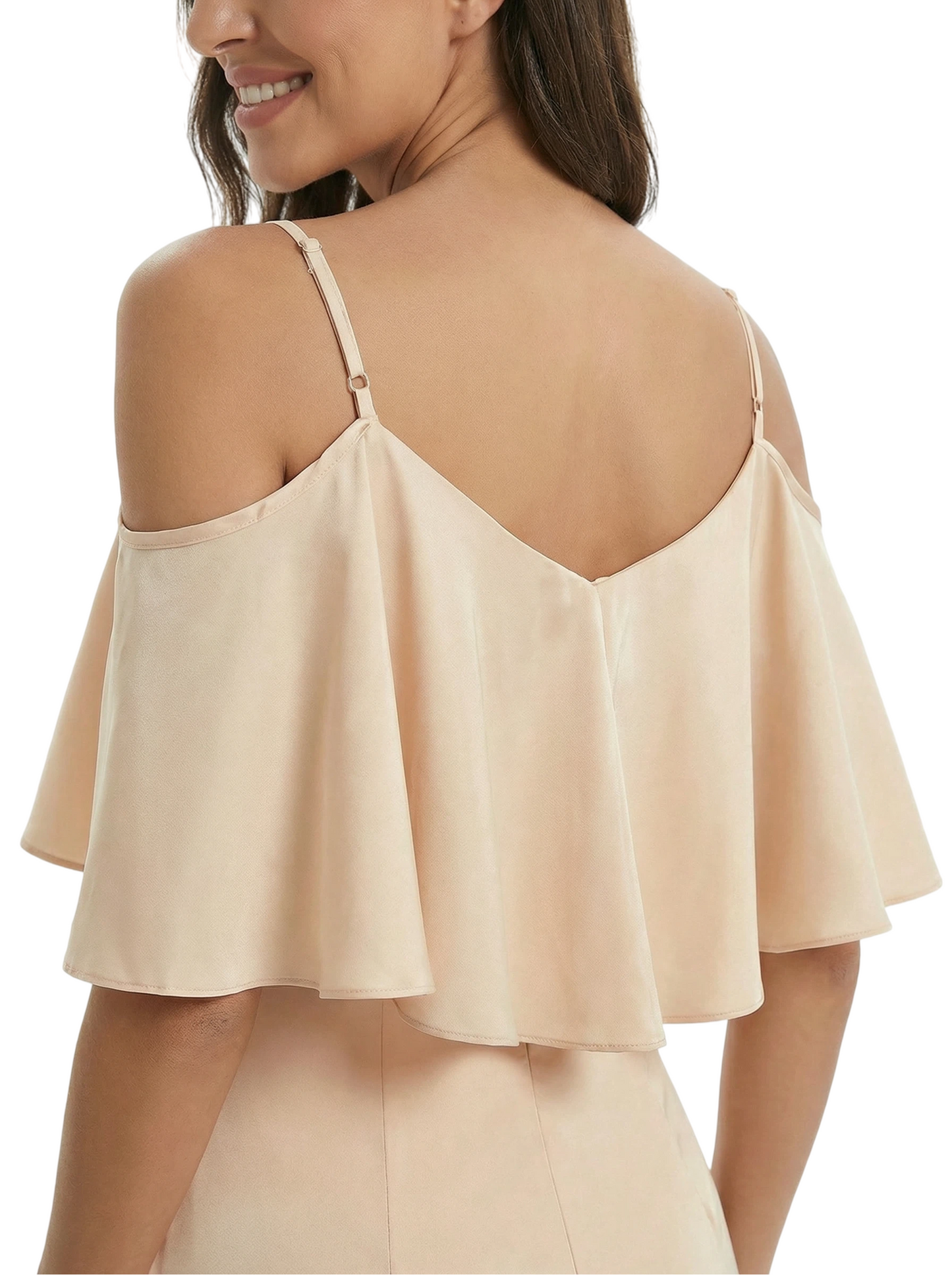 Kiarelys Elegant V-neck Cold Shoulder Satin Mermaid Long Formal Dresses For Women