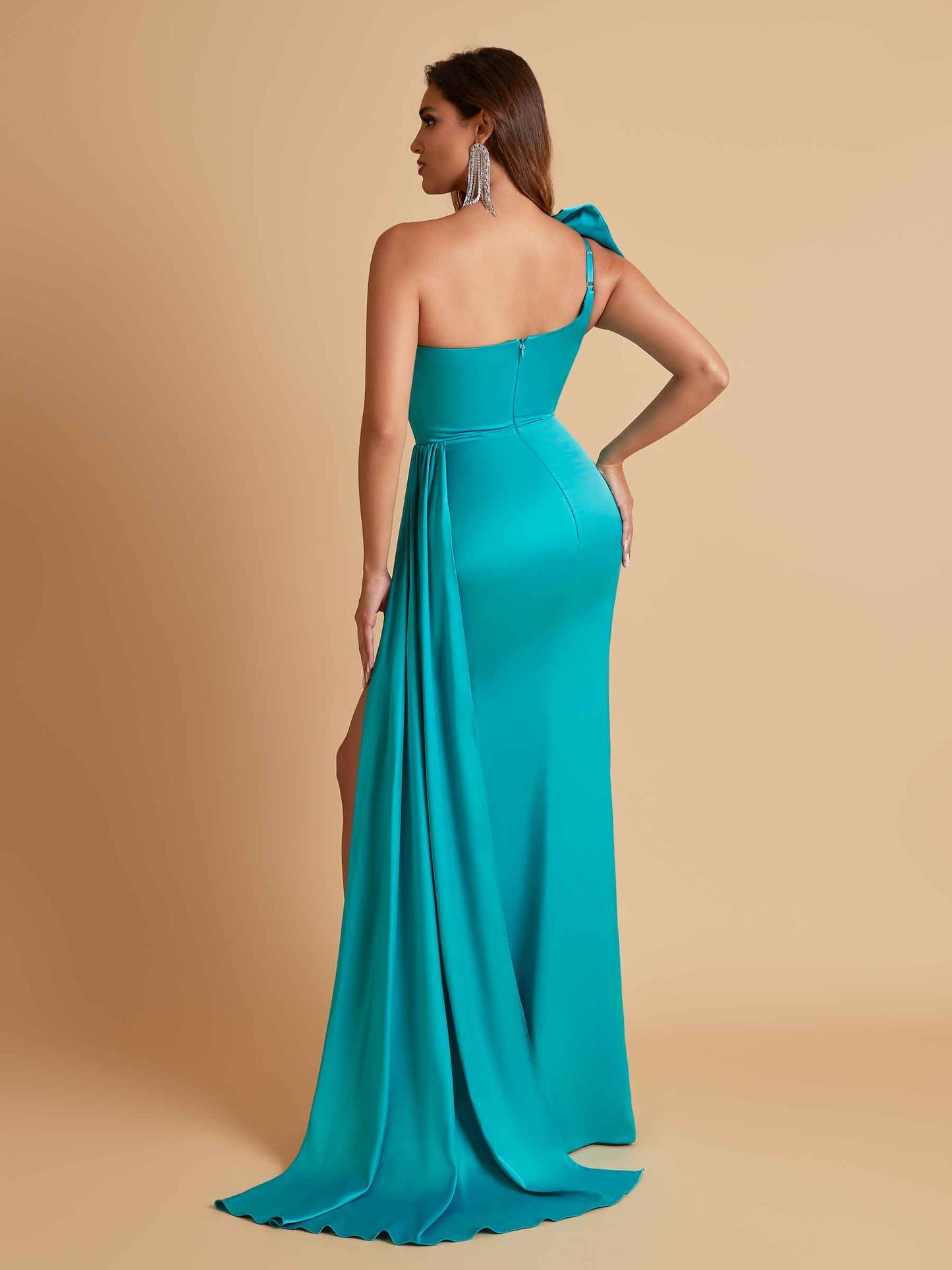 Gorgeous One Shoulder Bow Knot Soft Satin Side Slit Floor-Length Mermaid Bridesmaid Dresses