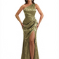 Simple One Shoulder Side Slit Mermaid Floral Satin Maxi Floral Formal Dresses For Women