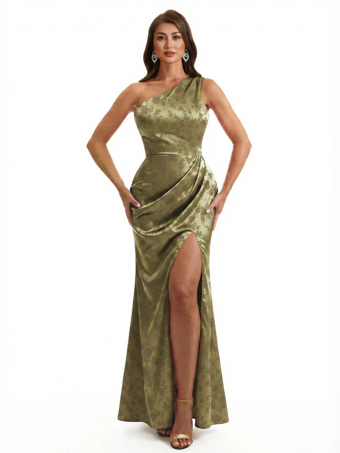 Simple One Shoulder Side Slit Mermaid Floral Satin Maxi Floral Formal Dresses For Women