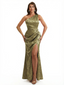 Simple One Shoulder Side Slit Mermaid Floral Satin Maxi Floral Formal Dresses For Women