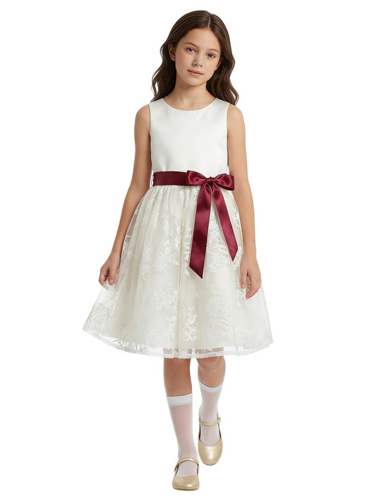 Classic A-Line Flower Girl Dress with Sleeveless Satin Bodice and Knee Length Tulle Skirt
