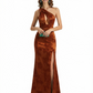 Simple One Shoulder Side Slit Mermaid Floral Satin Maxi Floral Formal Dresses For Women