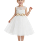 Sleeveless Lace Flower Girl Dress with Bow Waist, Classic A-Line Tulle Tea Length Design