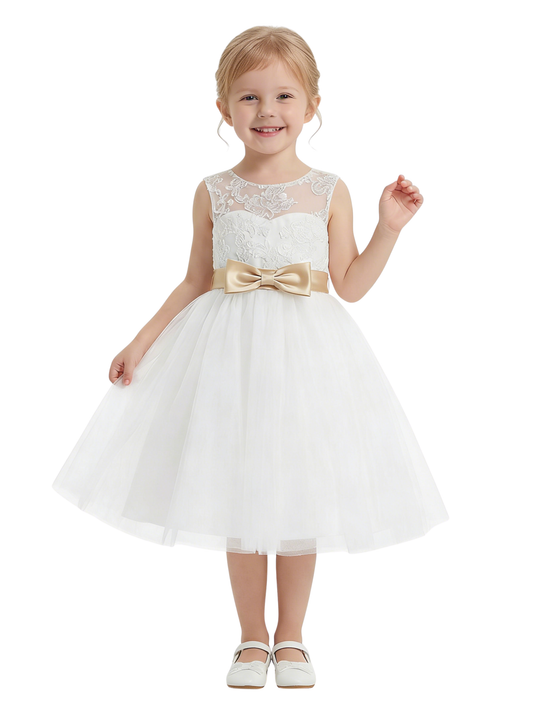 Sleeveless Lace Flower Girl Dress with Bow Waist, Classic A-Line Tulle Tea Length Design