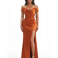 Sexy Off The Shoulder Ruched Satin Mermaid Long Evening Formal Dresses With Side Slit Boning