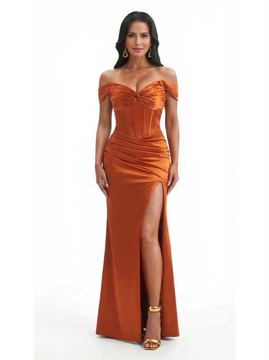 Sexy Off The Shoulder Ruched Satin Mermaid Long Evening Formal Dresses With Side Slit Boning