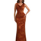 Elegant Spaghetti Straps Cowl Mermaid Long Satin Floral Formal Evening Dresses For Ladies