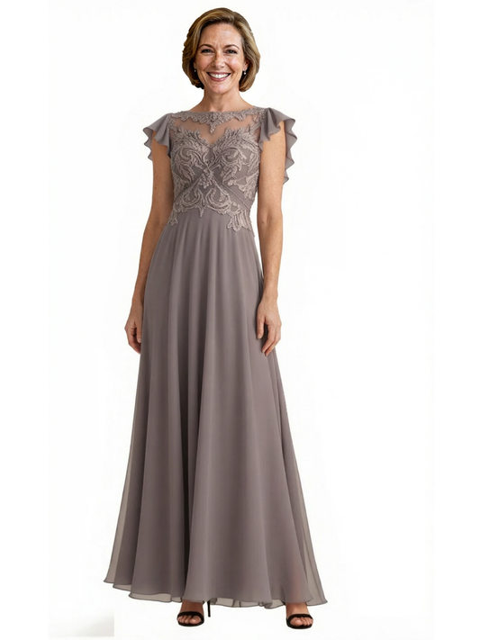 A-line Elegant Mother of The Bride Dress Evening Illusion Lace Long Chiffon