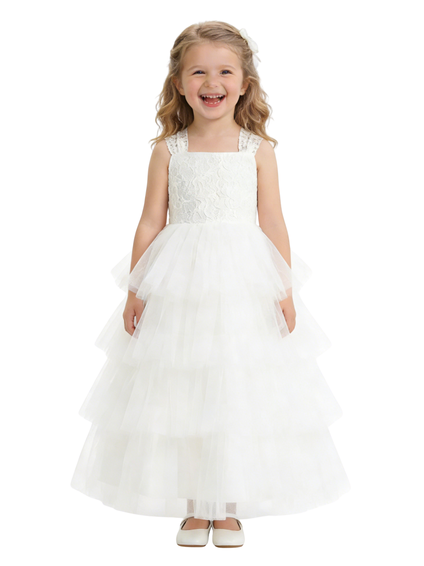 Layered Tulle Flower Girl Dress with Square Neck Sleeveless Bodice and Maxi Ball Gown Shape
