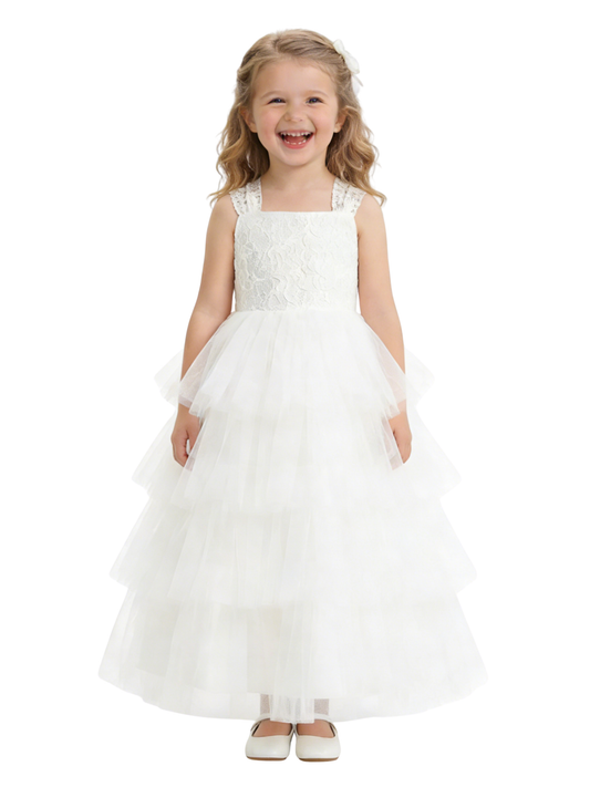 Layered Tulle Flower Girl Dress with Square Neck Sleeveless Bodice and Maxi Ball Gown Shape