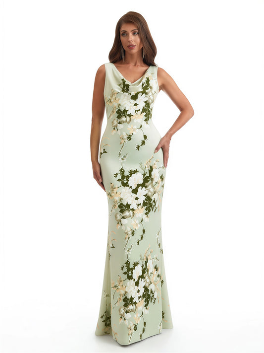 Elegant Spaghetti Straps Cowl Mermaid Long Satin Floral Formal Evening Dresses For Ladies