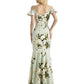 Beautiful Mermaid Cold Shoulder Floral Satin Maxi Floral Formal Dresses For Women