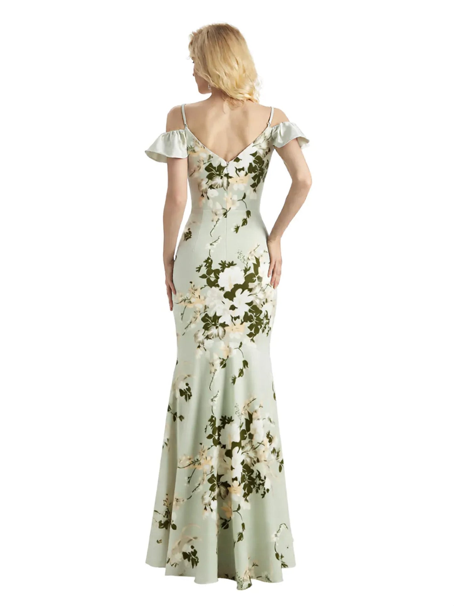 Beautiful Mermaid Cold Shoulder Floral Satin Maxi Floral Formal Dresses For Women