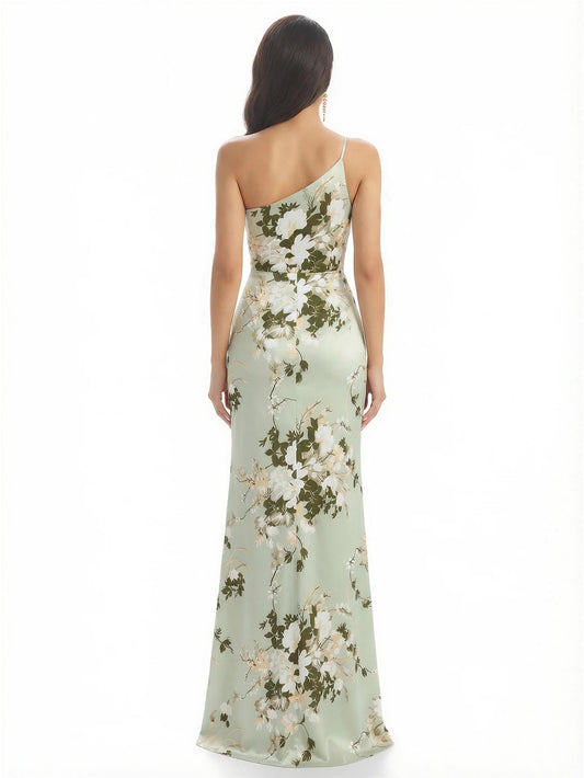 Elegant One Shoulder Mermaid Long Satin Floral Formal Dresses For Women