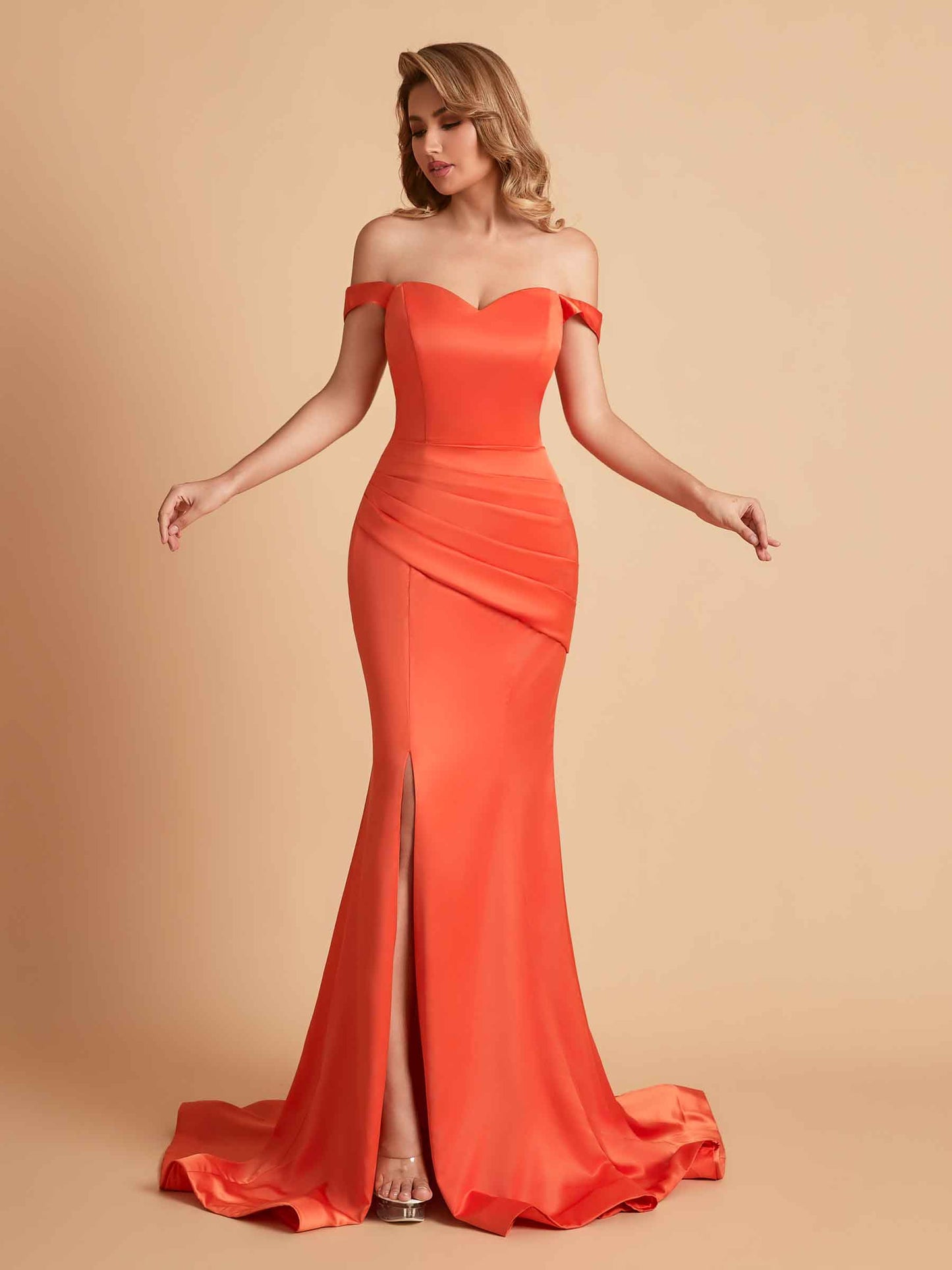 Elegant Satin Off the Shoulder Mermaid Side Slit Floor Length Bridesmaid Dresses