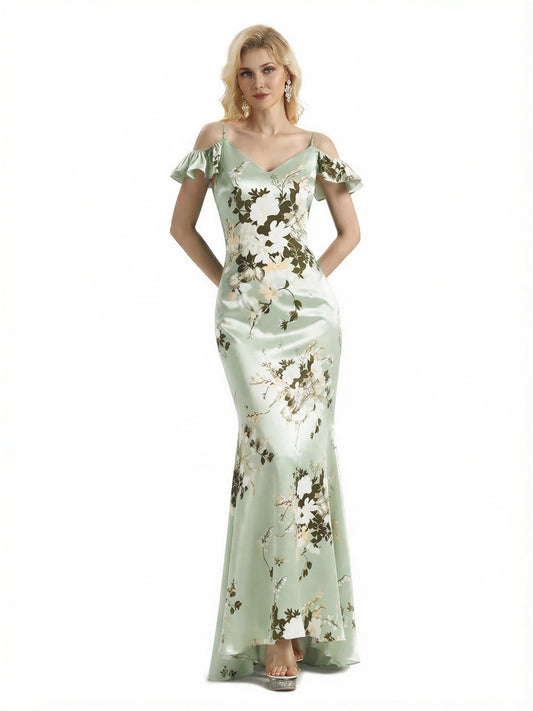 Beautiful Mermaid Cold Shoulder Floral Satin Maxi Floral Formal Dresses For Women