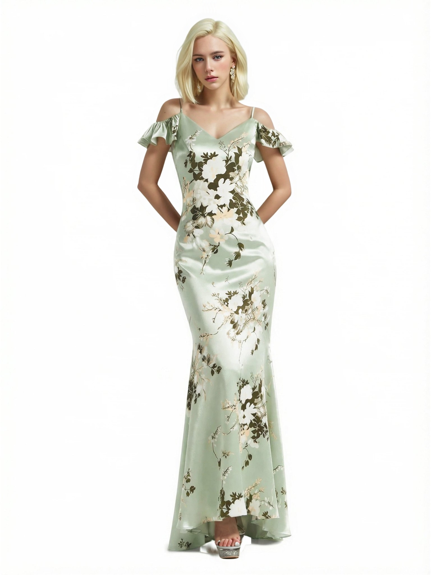 Beautiful Mermaid Cold Shoulder Floral Satin Maxi Floral Formal Dresses For Women