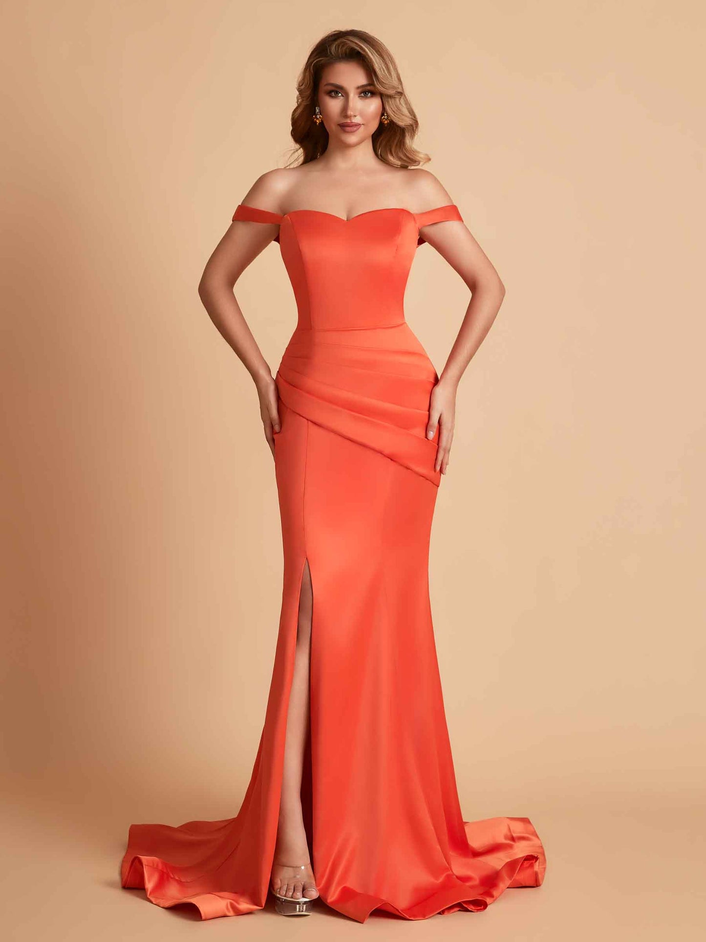 Elegant Satin Off the Shoulder Mermaid Side Slit Floor Length Bridesmaid Dresses