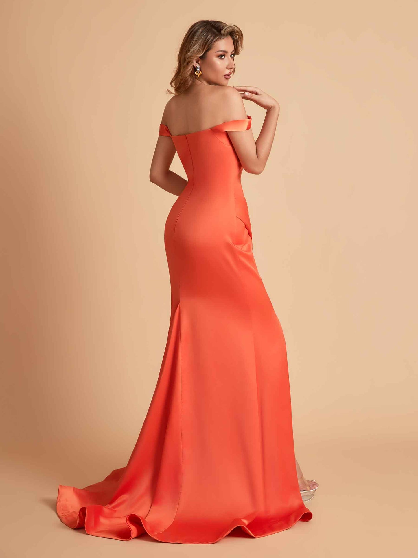 Elegant Satin Off the Shoulder Mermaid Side Slit Floor Length Bridesmaid Dresses