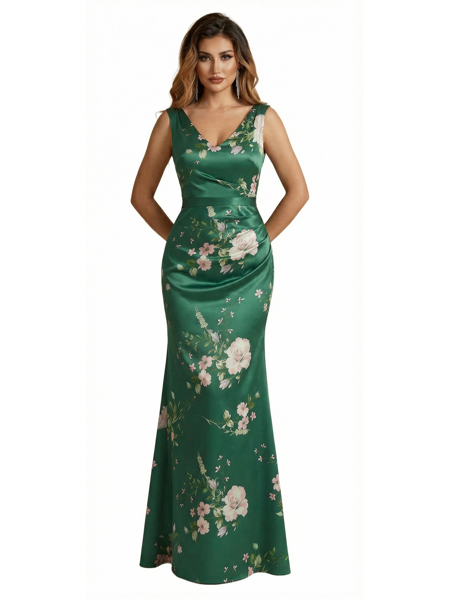 Trendy V-Neck Mermaid Floral Satin Maxi Floral Formal Evening Dresses For Women