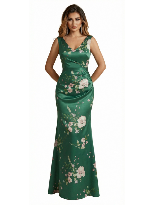 Trendy V-Neck Mermaid Floral Satin Maxi Floral Formal Evening Dresses For Women