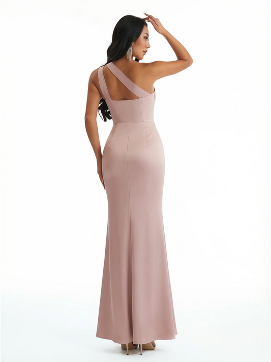 Women Sexy One Shoulder Mermaid Ruffles Soft Satin Long Formal Dresses Side Slit