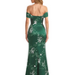 Trendy Off Shoulder Side Slit Mermaid Long Satin Floral Formal Evening Dresses For Ladies