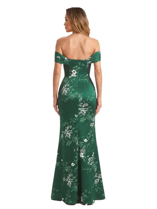 Trendy Off Shoulder Side Slit Mermaid Long Satin Floral Formal Evening Dresses For Ladies