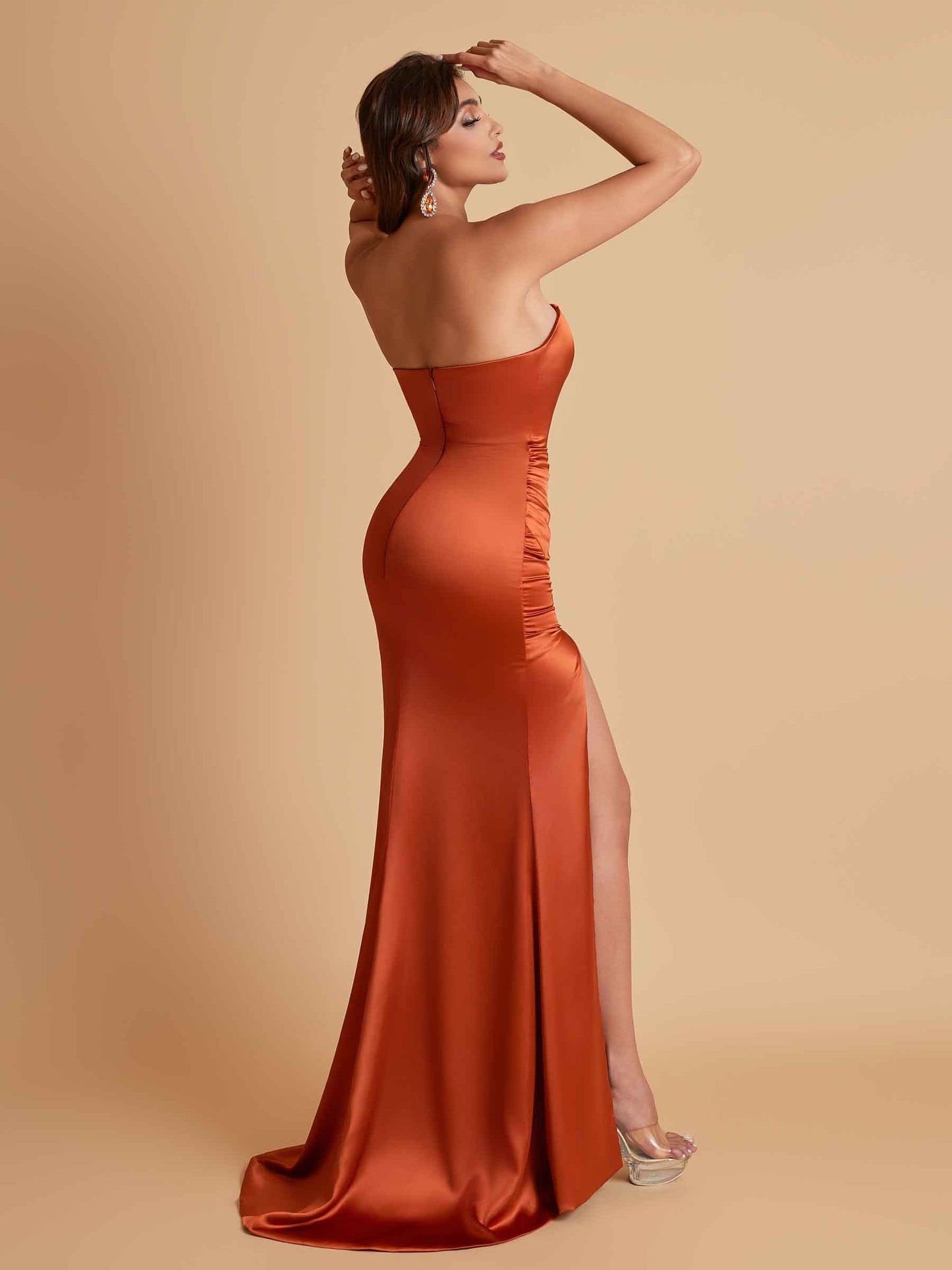 Elegant Soft Satin Strapless Split Side Mermaid Bridesmaid Dresses