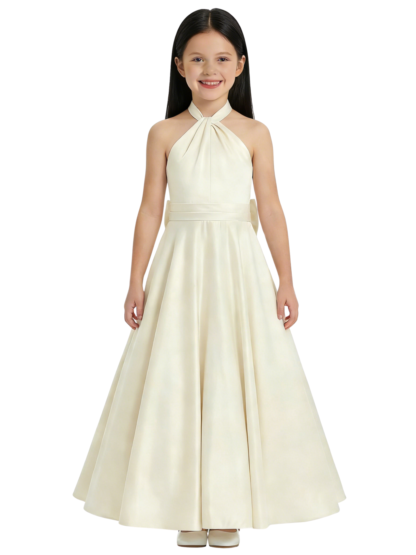 Gorgeous Flower Girl Gown Halter Neck Sleeveless A-Line Floor-Length Satin Dress with Oversized Back Bow Accent