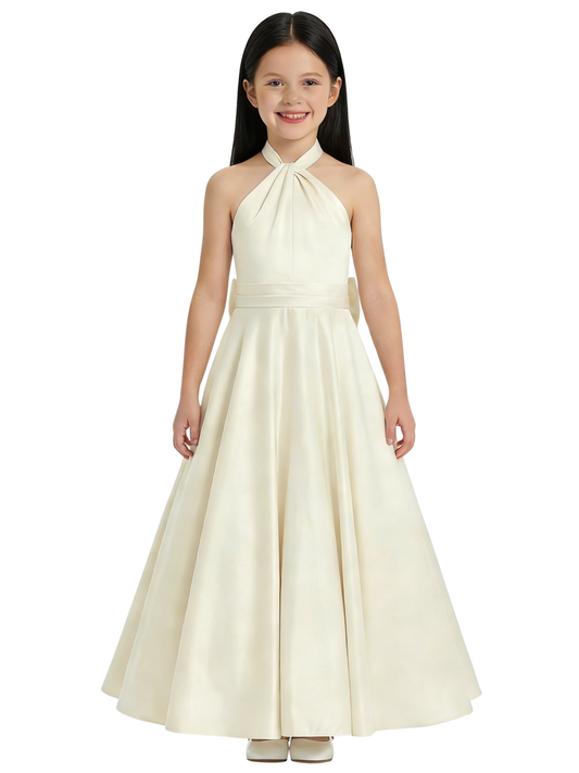 Gorgeous Flower Girl Gown Halter Neck Sleeveless A-Line Floor-Length Satin Dress with Oversized Back Bow Accent