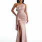 Women Sexy One Shoulder Mermaid Ruffles Soft Satin Long Formal Dresses Side Slit