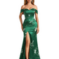 Trendy Off Shoulder Side Slit Mermaid Long Satin Floral Formal Evening Dresses For Ladies