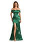 Trendy Off Shoulder Side Slit Mermaid Long Satin Floral Formal Evening Dresses For Ladies